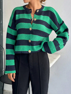Cardigan de mujer con cuello redondo y botones delanteros, con estampado de rayas