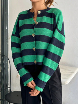Cardigan de mujer con cuello redondo y botones delanteros, con estampado de rayas