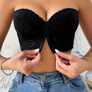 Sujetador sexy de encaje negro con media copa para mujeres, con broche frontal, facil de poner, con tirantes desmontables, sujetador invisible para multiples formas de uso
