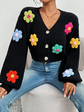 Essnce 1 pieza cardigan casual de manga larga con botones al frente y bordado floral