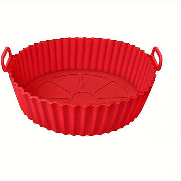 Una pieza de sartén de silicona para freidoras de aire, con un diseño plegable tridimensional. Esta bandeja redonda de silicona reutilizable de 8 pulgadas sirve como forro para hornear a alta temperatura.