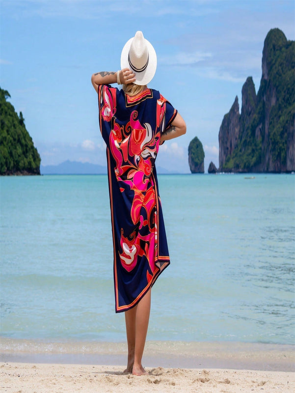 Bata de playa de una sola pieza con manga larga, estampado posicionado, para vacaciones, cubierta de bikini y camisa de sol