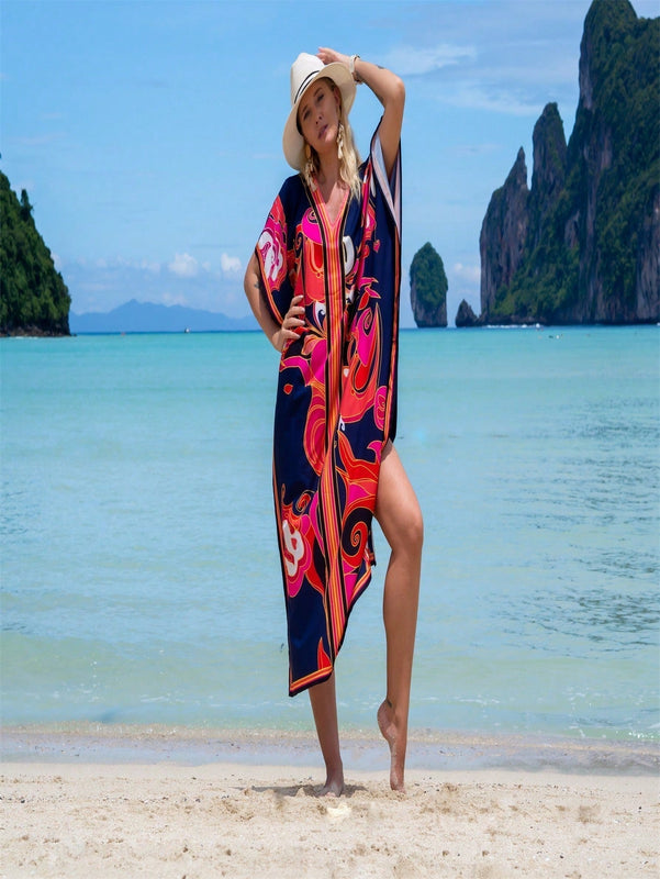 Bata de playa de una sola pieza con manga larga, estampado posicionado, para vacaciones, cubierta de bikini y camisa de sol