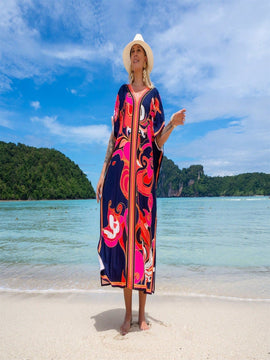 Vestido de una pieza con manga larga tipo pareo para playa, con estampado impreso, ideal para vacaciones, cubre bikini y protege del sol