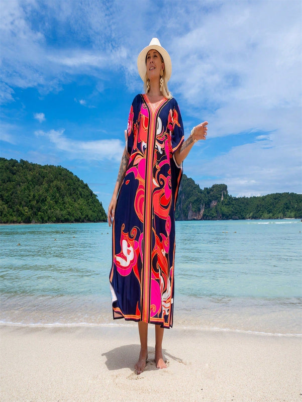 Bata de playa de una sola pieza con manga larga, estampado posicionado, para vacaciones, cubierta de bikini y camisa de sol