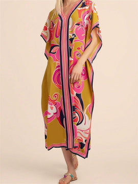 Vestido de una pieza con manga larga tipo pareo para playa, con estampado impreso, ideal para vacaciones, cubre bikini y protege del sol