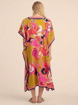 Vestido de una pieza con manga larga tipo pareo para playa, con estampado impreso, ideal para vacaciones, cubre bikini y protege del sol