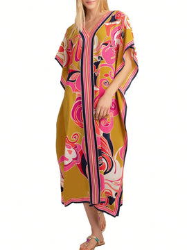 Vestido de una pieza con manga larga tipo pareo para playa, con estampado impreso, ideal para vacaciones, cubre bikini y protege del sol