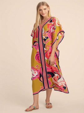 Vestido de una pieza con manga larga tipo pareo para playa, con estampado impreso, ideal para vacaciones, cubre bikini y protege del sol