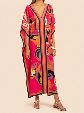 Vestido de una pieza con manga larga tipo pareo para playa, con estampado impreso, ideal para vacaciones, cubre bikini y protege del sol