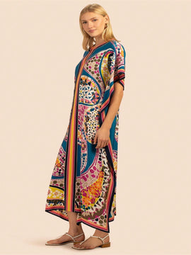 Vestido de una pieza con manga larga tipo pareo para playa, con estampado impreso, ideal para vacaciones, cubre bikini y protege del sol