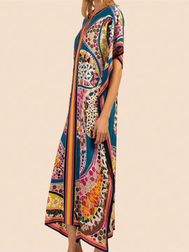 Vestido de una pieza con manga larga tipo pareo para playa, con estampado impreso, ideal para vacaciones, cubre bikini y protege del sol