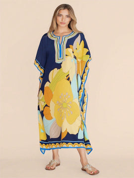 Vestido de una pieza con manga larga tipo pareo para playa, con estampado impreso, ideal para vacaciones, cubre bikini y protege del sol