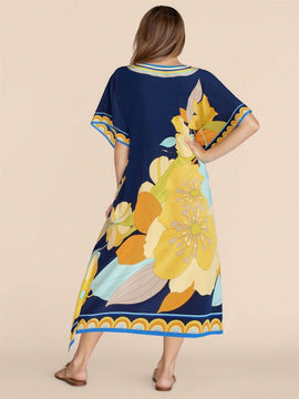 Vestido de una pieza con manga larga tipo pareo para playa, con estampado impreso, ideal para vacaciones, cubre bikini y protege del sol