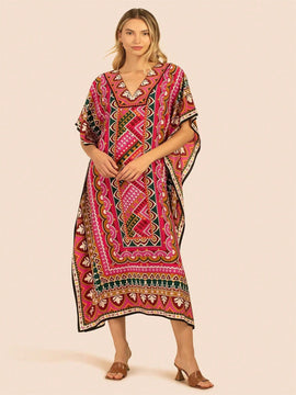 Vestido de una pieza con manga larga tipo pareo para playa, con estampado impreso, ideal para vacaciones, cubre bikini y protege del sol
