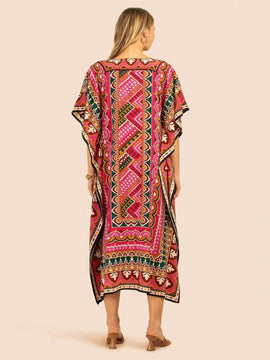 Vestido de una pieza con manga larga tipo pareo para playa, con estampado impreso, ideal para vacaciones, cubre bikini y protege del sol