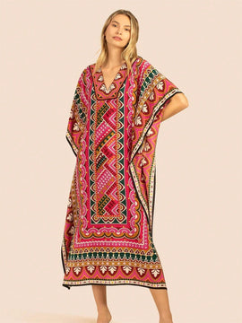 Vestido de una pieza con manga larga tipo pareo para playa, con estampado impreso, ideal para vacaciones, cubre bikini y protege del sol