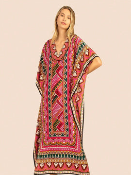 Vestido de una pieza con manga larga tipo pareo para playa, con estampado impreso, ideal para vacaciones, cubre bikini y protege del sol