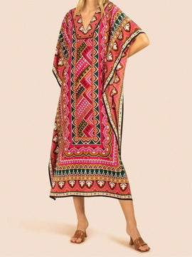 Vestido de una pieza con manga larga tipo pareo para playa, con estampado impreso, ideal para vacaciones, cubre bikini y protege del sol