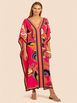 Vestido de una pieza con manga larga tipo pareo para playa, con estampado impreso, ideal para vacaciones, cubre bikini y protege del sol