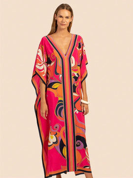 Vestido de una pieza con manga larga tipo pareo para playa, con estampado impreso, ideal para vacaciones, cubre bikini y protege del sol
