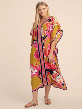 Vestido de una pieza con manga larga tipo pareo para playa, con estampado impreso, ideal para vacaciones, cubre bikini y protege del sol