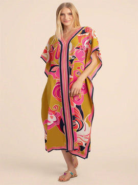 Vestido de una pieza con manga larga tipo pareo para playa, con estampado impreso, ideal para vacaciones, cubre bikini y protege del sol