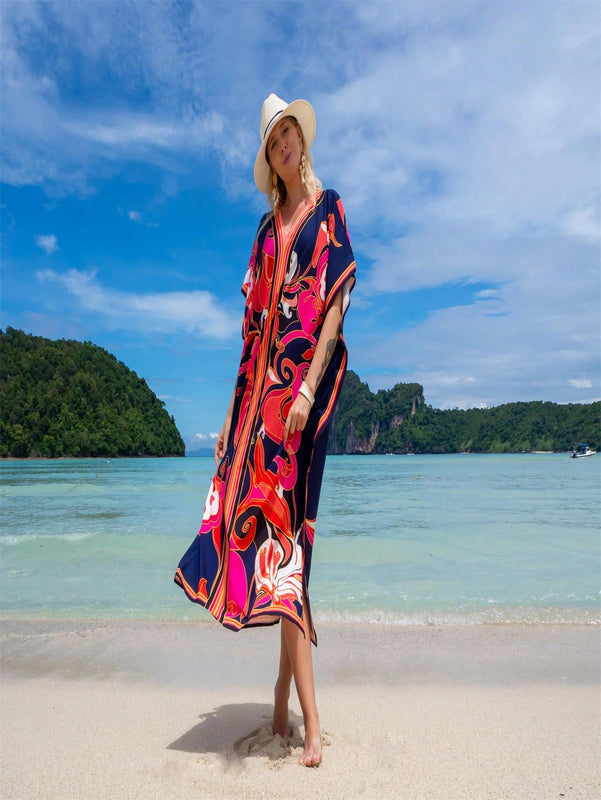 Bata de playa de una sola pieza con manga larga, estampado posicionado, para vacaciones, cubierta de bikini y camisa de sol