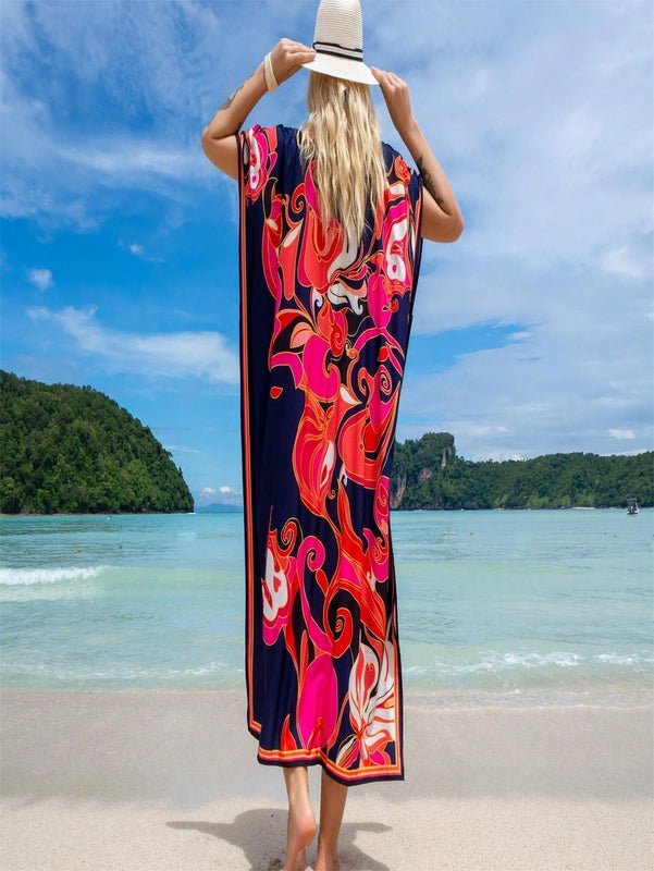 Bata de playa de una sola pieza con manga larga, estampado posicionado, para vacaciones, cubierta de bikini y camisa de sol