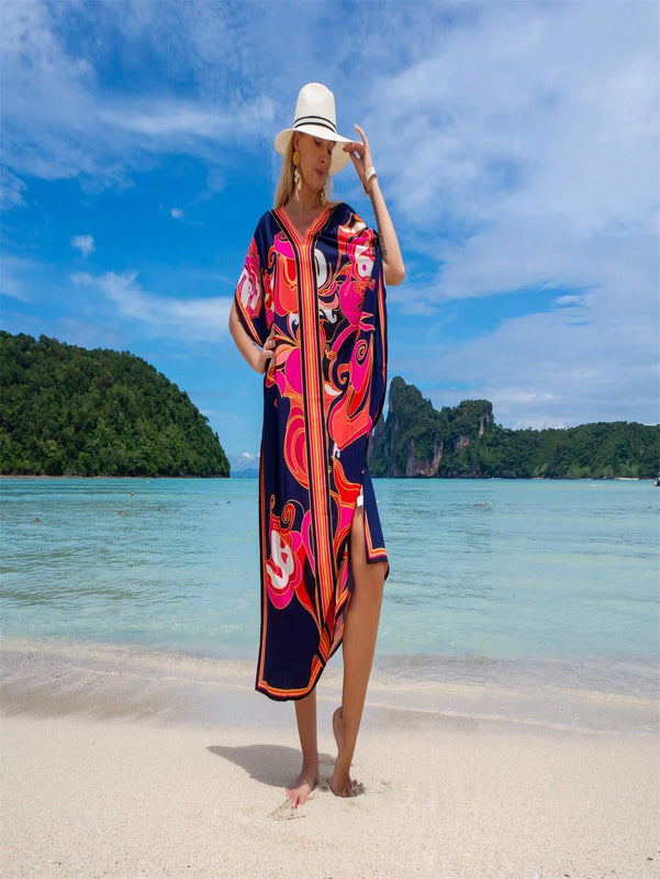 Bata de playa de una sola pieza con manga larga, estampado posicionado, para vacaciones, cubierta de bikini y camisa de sol