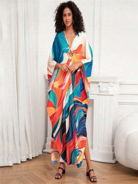 Vestido de punto hecho a mano con aberturas laterales y estampado, vestido de playa de cobertura para mujer