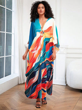 Vestido de punto hecho a mano con aberturas laterales y estampado, vestido de playa de cobertura para mujer
