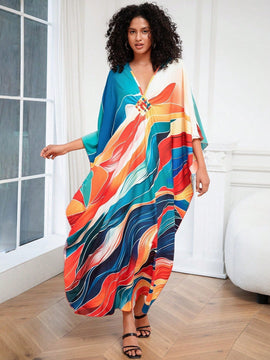 Vestido de punto hecho a mano con aberturas laterales y estampado, vestido de playa de cobertura para mujer