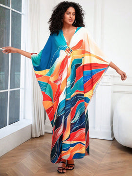 Vestido de punto hecho a mano con aberturas laterales y estampado, vestido de playa de cobertura para mujer