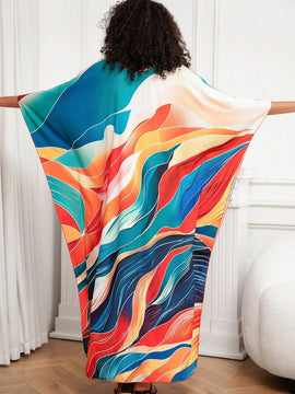 Vestido de punto hecho a mano con aberturas laterales y estampado, vestido de playa de cobertura para mujer