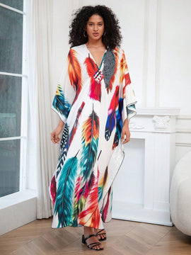 Vestido de punto hecho a mano con aberturas laterales y estampado, vestido de playa de cobertura para mujer