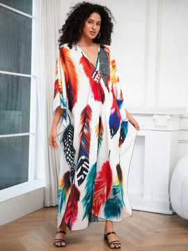 Vestido de punto hecho a mano con aberturas laterales y estampado, vestido de playa de cobertura para mujer