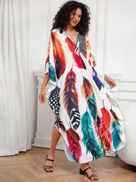 Vestido de punto hecho a mano con aberturas laterales y estampado, vestido de playa de cobertura para mujer