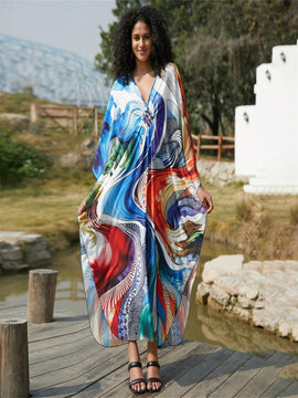 Vestido de punto hecho a mano con aberturas laterales y estampado, vestido de playa de cobertura para mujer
