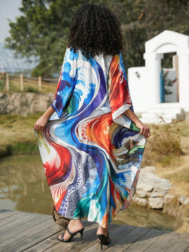 Vestido de punto hecho a mano con aberturas laterales y estampado, vestido de playa de cobertura para mujer