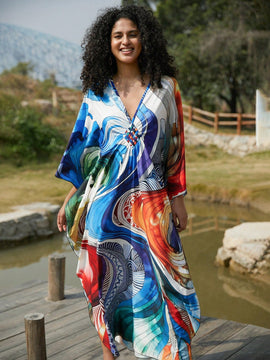 Vestido de punto hecho a mano con aberturas laterales y estampado, vestido de playa de cobertura para mujer