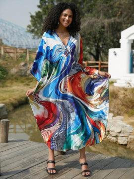 Vestido de punto hecho a mano con aberturas laterales y estampado, vestido de playa de cobertura para mujer