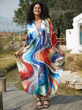 Vestido de punto hecho a mano con aberturas laterales y estampado, vestido de playa de cobertura para mujer