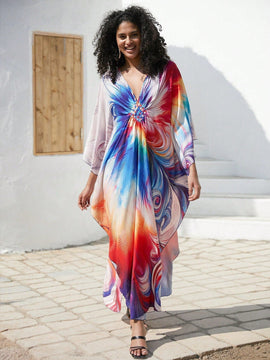 Vestido de punto hecho a mano con aberturas laterales y estampado, vestido de playa de cobertura para mujer