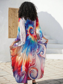 Vestido de punto hecho a mano con aberturas laterales y estampado, vestido de playa de cobertura para mujer