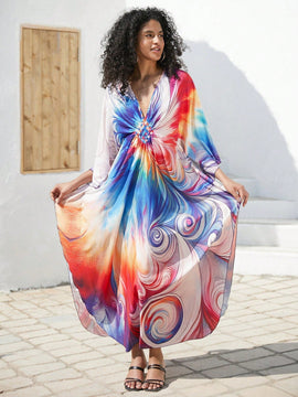Vestido de punto hecho a mano con aberturas laterales y estampado, vestido de playa de cobertura para mujer