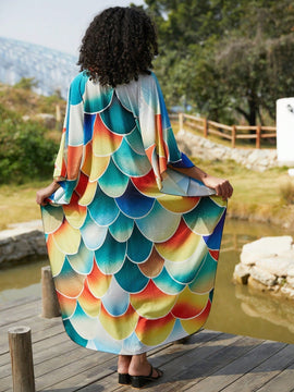 Vestido de punto hecho a mano con aberturas laterales y estampado, vestido de playa de cobertura para mujer
