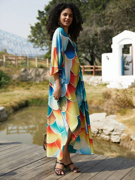 Vestido de punto hecho a mano con aberturas laterales y estampado, vestido de playa de cobertura para mujer