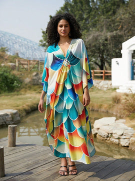 Vestido de punto hecho a mano con aberturas laterales y estampado, vestido de playa de cobertura para mujer