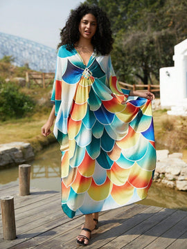Vestido de punto hecho a mano con aberturas laterales y estampado, vestido de playa de cobertura para mujer